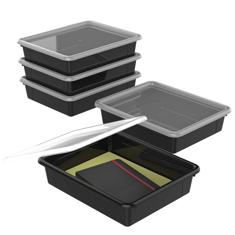 Storex Letter Size Flat Storage Tray â€“ Organizer Bin with Non-Snap Lid for Classroom, Office and Home, Black, 5-Pack (62535U05C) - Image 1
