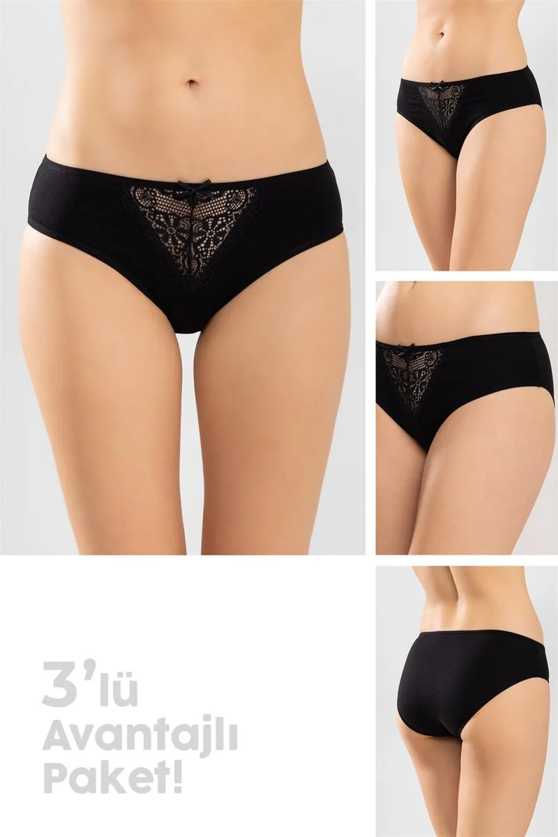 Baykar Women's White Lace Detailed Cotton Classic Women's Panties 3-Pack 8251 Black
