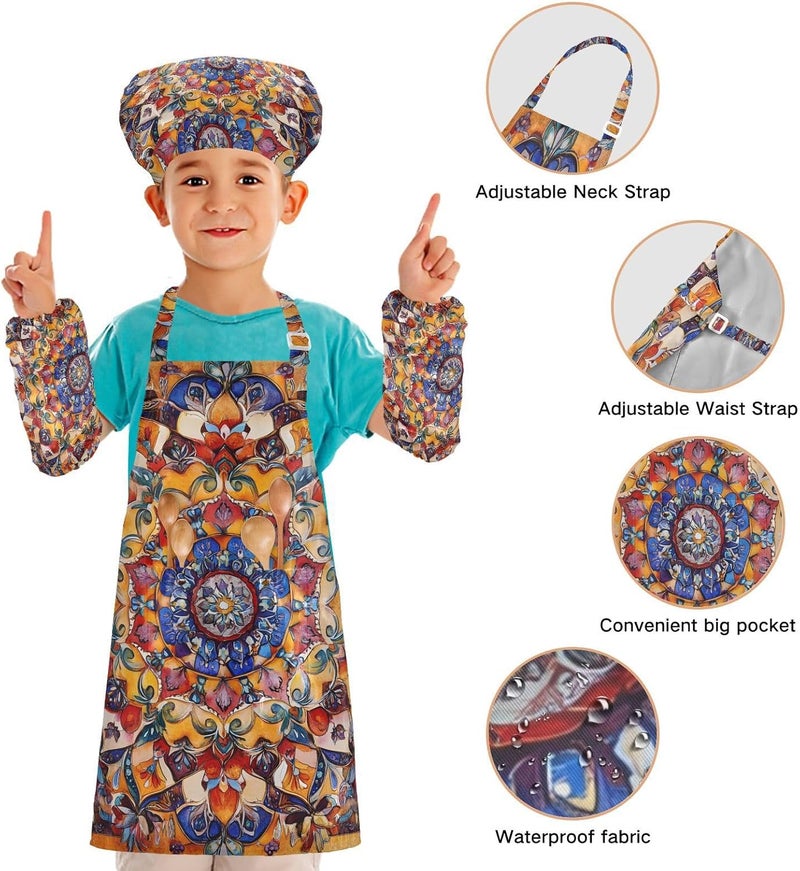 Kids Apron Set Funny Bohemian Boho Vintage Kids Apron Chef Hat Set for Boys Girls Art Painting Activity 3-12 Years Old - Image 4