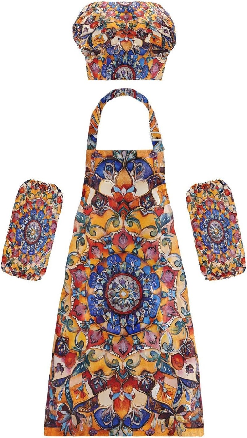 Kids Apron Set Funny Bohemian Boho Vintage Kids Apron Chef Hat Set for Boys Girls Art Painting Activity 3-12 Years Old - Image 1