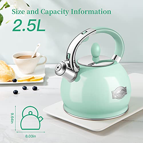 RETTBERG Tea Kettles Stovetop, 2.64 Quart Induction Whistling Tea Kettles Food Grade Stainless Steel Teapots with Cool Touch Handle Mint Green - Image 5