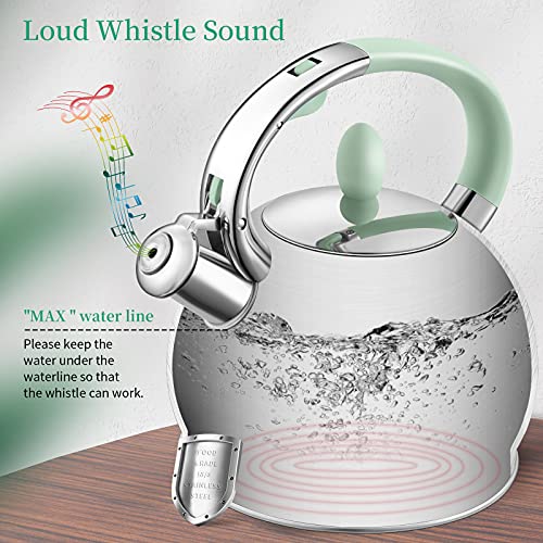 RETTBERG Tea Kettles Stovetop, 2.64 Quart Induction Whistling Tea Kettles Food Grade Stainless Steel Teapots with Cool Touch Handle Mint Green - Image 2