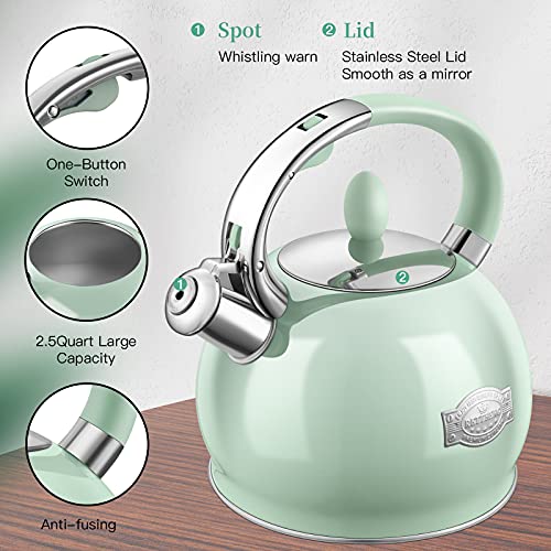 RETTBERG Tea Kettles Stovetop, 2.64 Quart Induction Whistling Tea Kettles Food Grade Stainless Steel Teapots with Cool Touch Handle Mint Green - Image 4