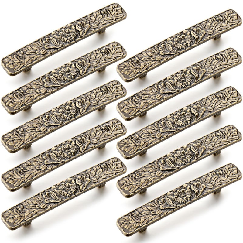 Otoolling 10 Pcs Vintage Bridge Cabinet Drawer Pulls 3" Hole Center Antique Drawer Pulls Bronze Peony Solid Cast Vintage Cabinet Handles with 20 Screws for Kitchen Cabinets Cupboard Closet - Image 1