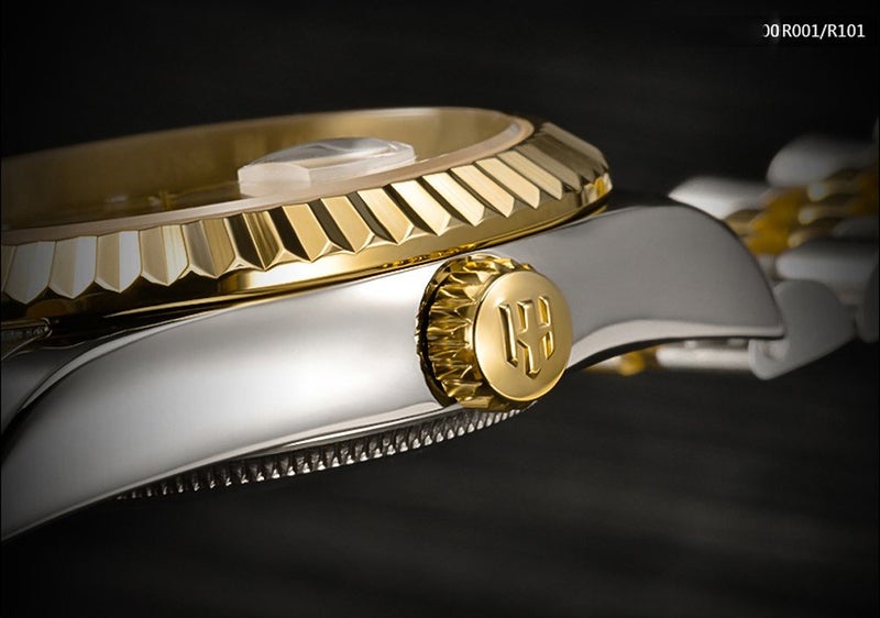 HOLUNS Mens Full Gold Watch Automatic Mechanical Gilded Steel Self-Wind Sapphire Glass Dress Waterproof Watch (Gold&Silver with Gold Dial) - Image 5