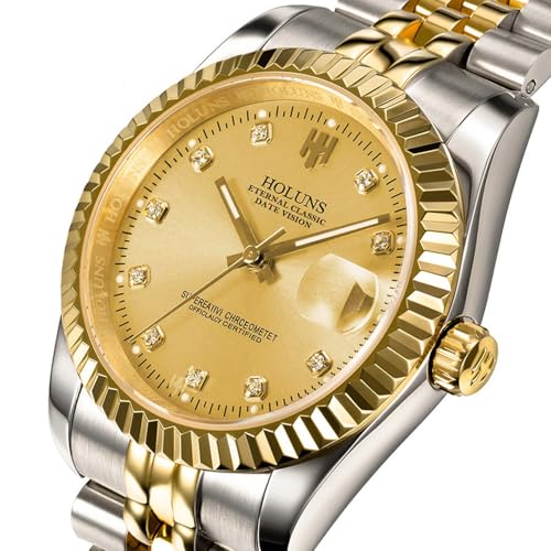 HOLUNS Mens Full Gold Watch Automatic Mechanical Gilded Steel Self-Wind Sapphire Glass Dress Waterproof Watch (Gold&Silver with Gold Dial) - Image 2