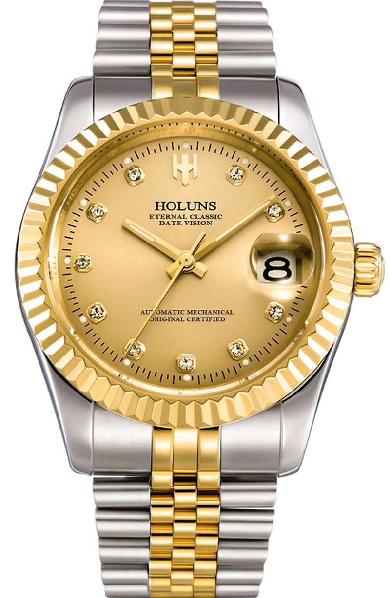 HOLUNS Mens Full Gold Watch Automatic Mechanical Gilded Steel Self-Wind Sapphire Glass Dress Waterproof Watch (Gold&Silver with Gold Dial) - Image 1