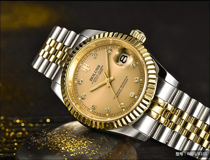 HOLUNS Mens Full Gold Watch Automatic Mechanical Gilded Steel Self-Wind Sapphire Glass Dress Waterproof Watch (Gold&Silver with Gold Dial) - Image 3