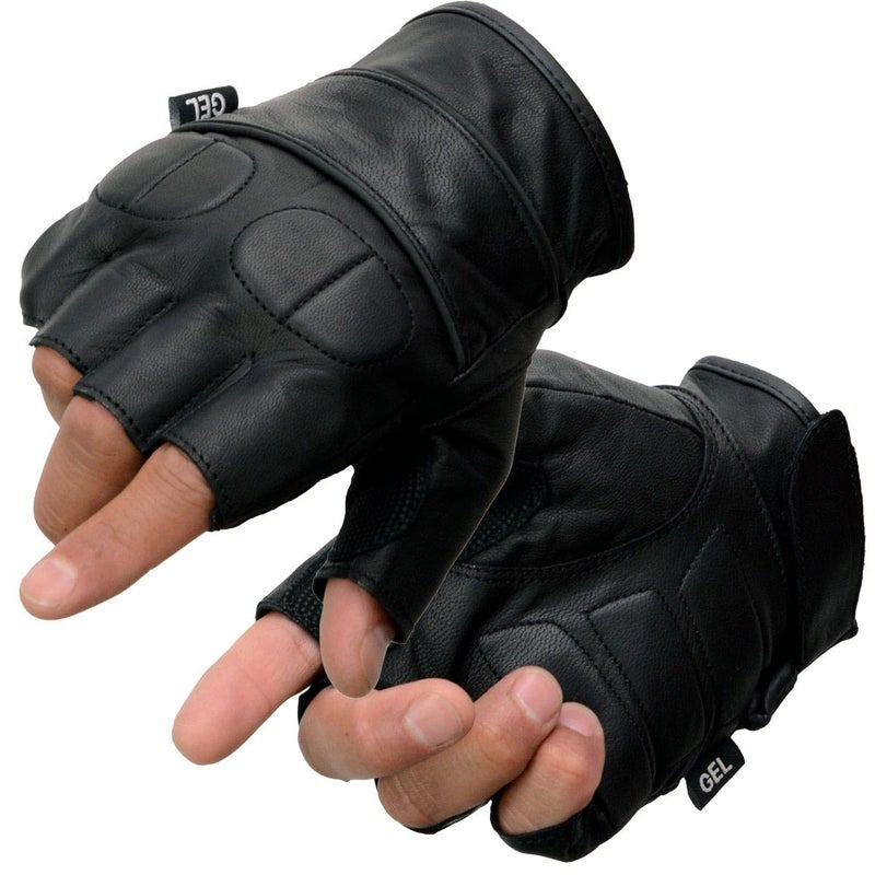 Milwaukee Leather Mens SH462 Mens Black Leather Full Panel Fingerless Gloves with Gel Palms Large - Image 2