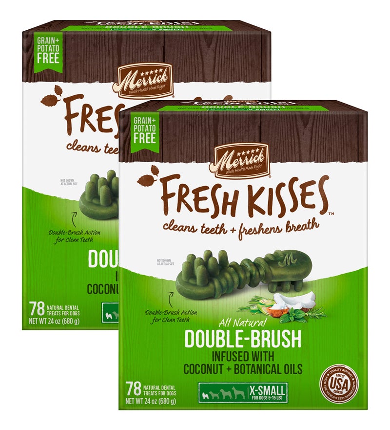 Merrick Fresh Kisses Double-Brush Dental Dog Treats, Infused with Coconut & Botanical Oils, Cleans & Freshens Breath for X-Small Dogs, 78 Dental Dog Treats/Pack (Pack of 2) - Image 1