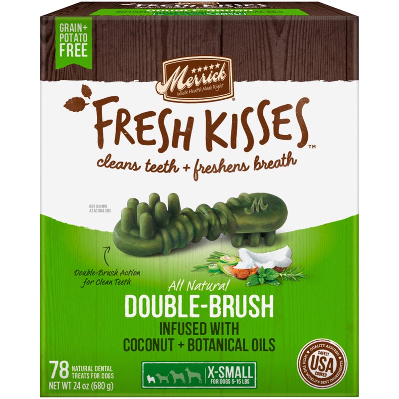 Merrick Fresh Kisses Double-Brush Dental Dog Treats, Infused with Coconut & Botanical Oils, Cleans & Freshens Breath for X-Small Dogs, 78 Dental Dog Treats/Pack (Pack of 2) - Image 2