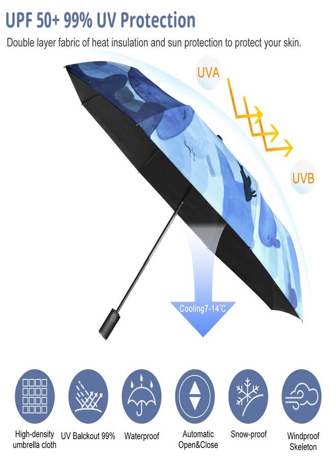 CUBY UV Sun Umbrella Compact Folding Travel Umbrella Auto Open and Close for Windproof, Rainproof & 99.9% UV Protection Parasol with Black Anti-UV Coating, Blue Whale, 108cm/42" - Image 2