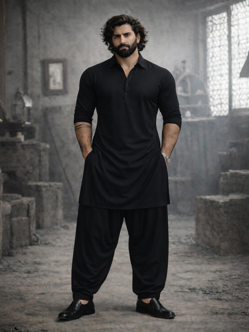 VASTRAMAY Men's Black Viscose Pathani Kurta Set, Traditional Pathani Khan Suit Set in Soft Comfortable Feel Viscose Fabric, and Salwar Patiala Pyjama for Weddings & Festival (VASMPT598BLnPTY1BL_36) - Image 2