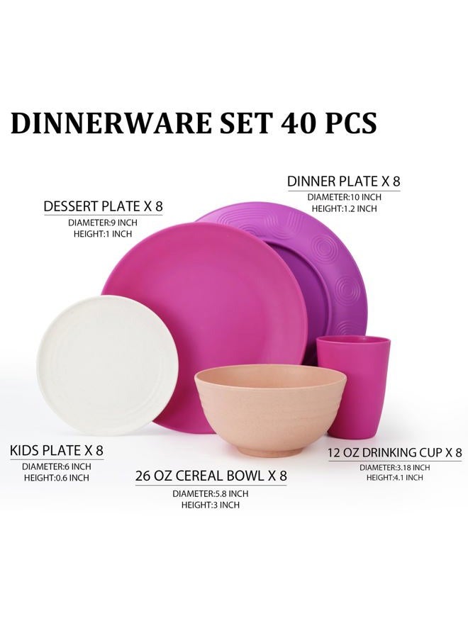 Perlapoc Wheat Straw Bowl and Plate Sets of 40 With Cup, Dishes Set for 8, Lightweight and Unbreakable Dinnerware Sets, Microwave Safe Plates, Dinner Bowls, Drinking Cups With 4 Color - Flower Color - Image 2