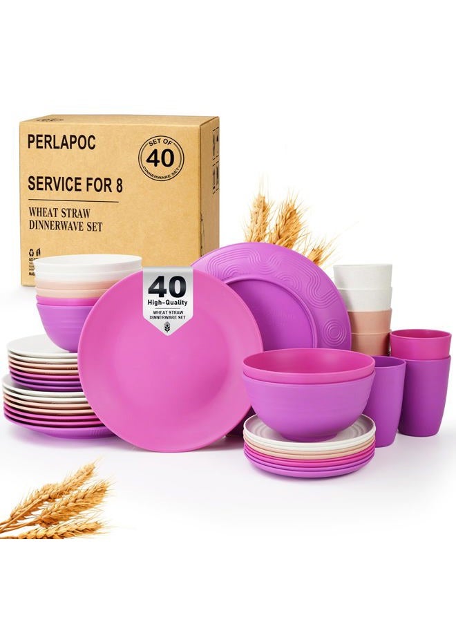 Perlapoc Wheat Straw Bowl and Plate Sets of 40 With Cup, Dishes Set for 8, Lightweight and Unbreakable Dinnerware Sets, Microwave Safe Plates, Dinner Bowls, Drinking Cups With 4 Color - Flower Color - Image 1
