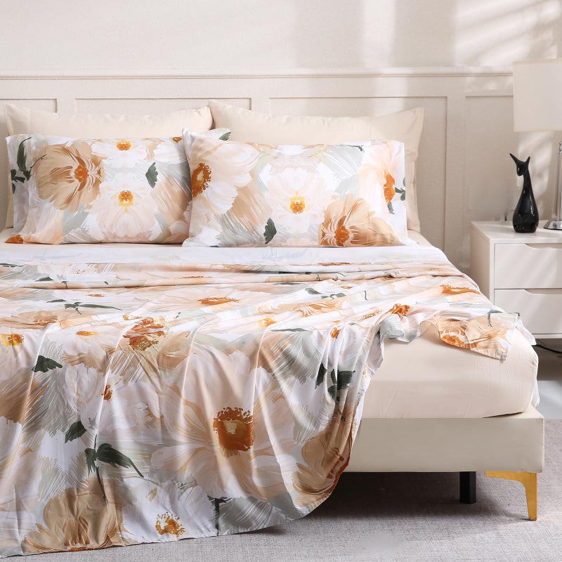 LONAVA Solid and Printed Queen Size Bed Sheet Set - 6-Piece, Includes Solid Fitted Sheet, Solid Pillowcases, OEKOTEX Certified, 100% Brushed Microfiber, Comfortable and Breathable, G24076 - Image 1
