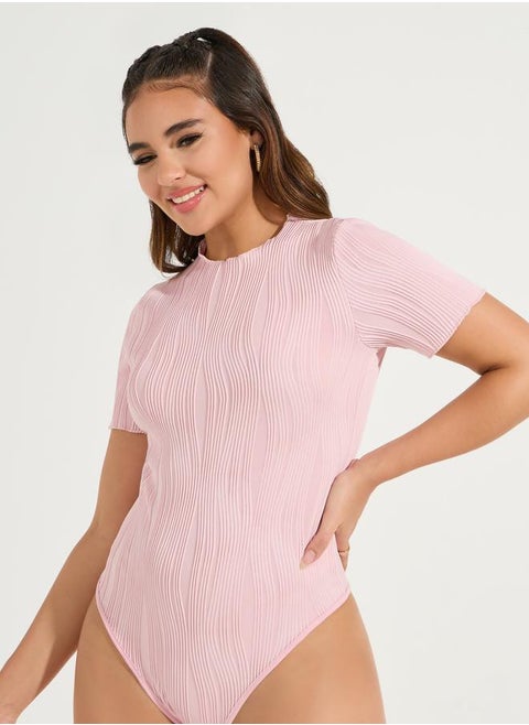 Solid Textured Round Neck Bodysuit