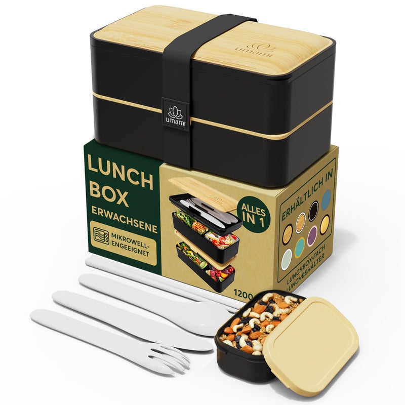 Umami Bento Box Adult All-In-1 w/4 Utensils, Big Sauce Jar, 2 Dividers, 100% Leakproof, Microwave & Dishwasher Safe Stackable Bento Lunch Box Containers for Men/Women, Black Bamboo, 40 oz - Image 1