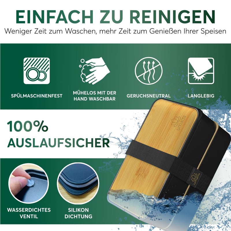 Umami Bento Box Adult All-In-1 w/4 Utensils, Big Sauce Jar, 2 Dividers, 100% Leakproof, Microwave & Dishwasher Safe Stackable Bento Lunch Box Containers for Men/Women, Black Bamboo, 40 oz - Image 5