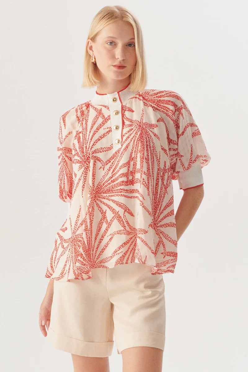 EXQUISE Leaf Patterned Button Detail Relaxed Fit Rayon Chiffon Blouse
