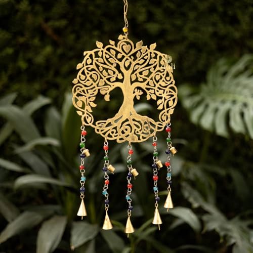 DULI Metal Windchime wall Hanging Lasercut Tree of Life Wind Chime with 5 Large & 5 Small Bells, Colored Beads – Iron Design 24x10 Inches (BigTreeofLife: MetalHanging) - Image 2
