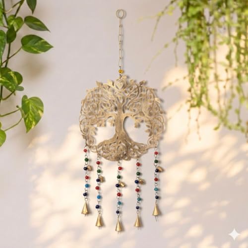 DULI Metal Windchime wall Hanging Lasercut Tree of Life Wind Chime with 5 Large & 5 Small Bells, Colored Beads – Iron Design 24x10 Inches (BigTreeofLife: MetalHanging) - Image 1