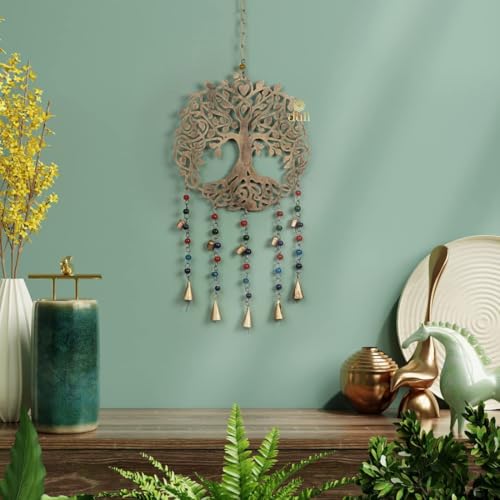 DULI Metal Windchime wall Hanging Lasercut Tree of Life Wind Chime with 5 Large & 5 Small Bells, Colored Beads – Iron Design 24x10 Inches (BigTreeofLife: MetalHanging) - Image 3