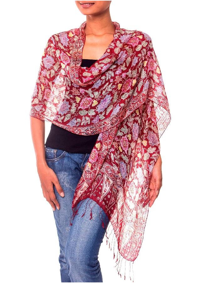 NOVICA NOVICA 100% Silk Batik Shawl Wrap with Red Floral Print, Wine Garden' (long)  - Image 2