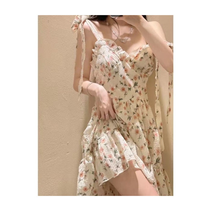 French Floral Waist-Cinched Slip Dress Picture color