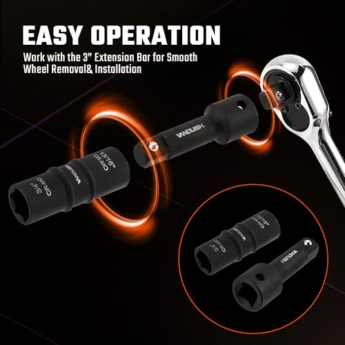 VANQUISH Motor Tech Lug Nut Socket Set, 5pc 1/2 Drive Impact Flip Socket Set with Metric 17 19 21 22 mm & SAE 3/4 13/16 7/8 15/16 in Sockets, Double Ended Thin Wall Nut Sockets with 3" Extension Bar - Image 3