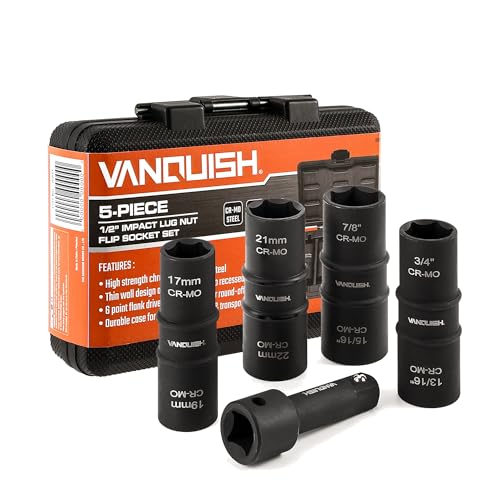 VANQUISH Motor Tech Lug Nut Socket Set, 5pc 1/2 Drive Impact Flip Socket Set with Metric 17 19 21 22 mm & SAE 3/4 13/16 7/8 15/16 in Sockets, Double Ended Thin Wall Nut Sockets with 3" Extension Bar - Image 1