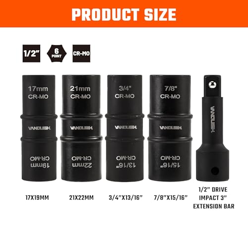 VANQUISH Motor Tech Lug Nut Socket Set, 5pc 1/2 Drive Impact Flip Socket Set with Metric 17 19 21 22 mm & SAE 3/4 13/16 7/8 15/16 in Sockets, Double Ended Thin Wall Nut Sockets with 3" Extension Bar - Image 2