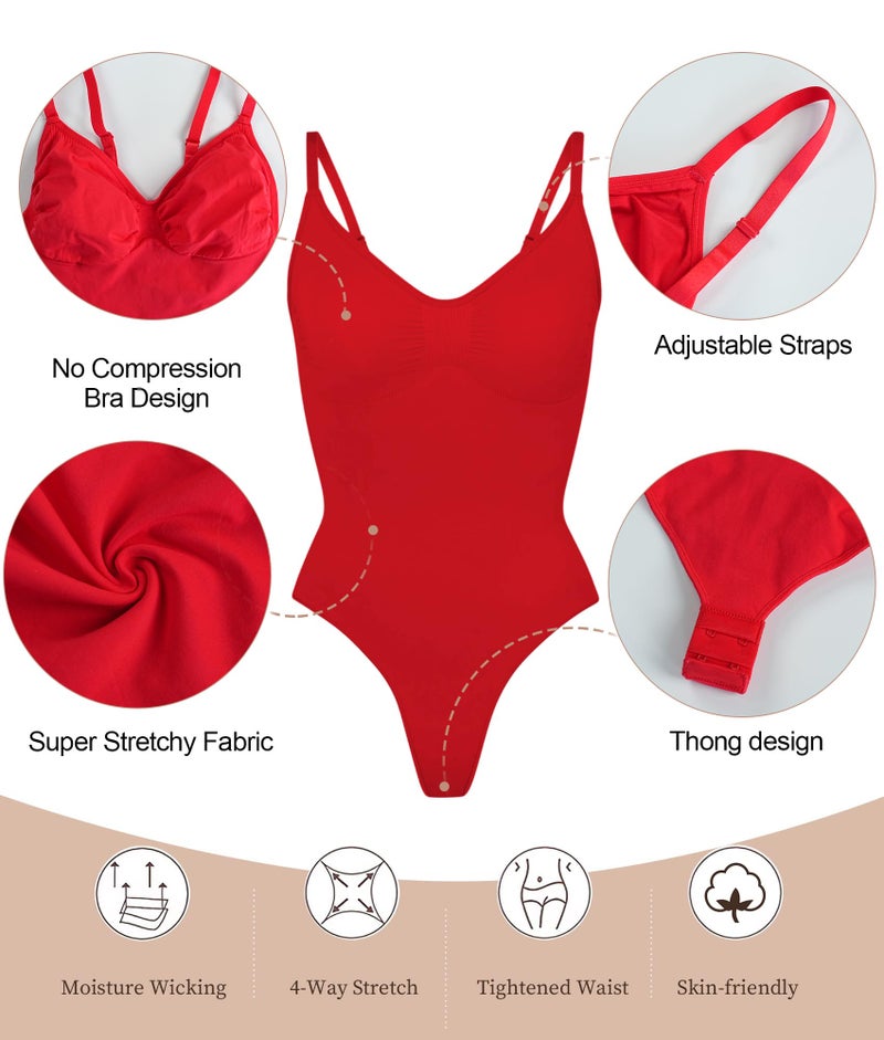 SHAPERX Women's Seamless Shapewear Bodysuit Tummy Control Body Shaper Waist Defining Body Suit,SZ5215-Red-S/M - Image 3