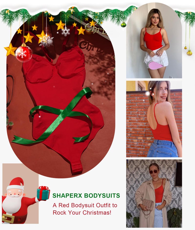 SHAPERX Women's Seamless Shapewear Bodysuit Tummy Control Body Shaper Waist Defining Body Suit,SZ5215-Red-S/M - Image 4