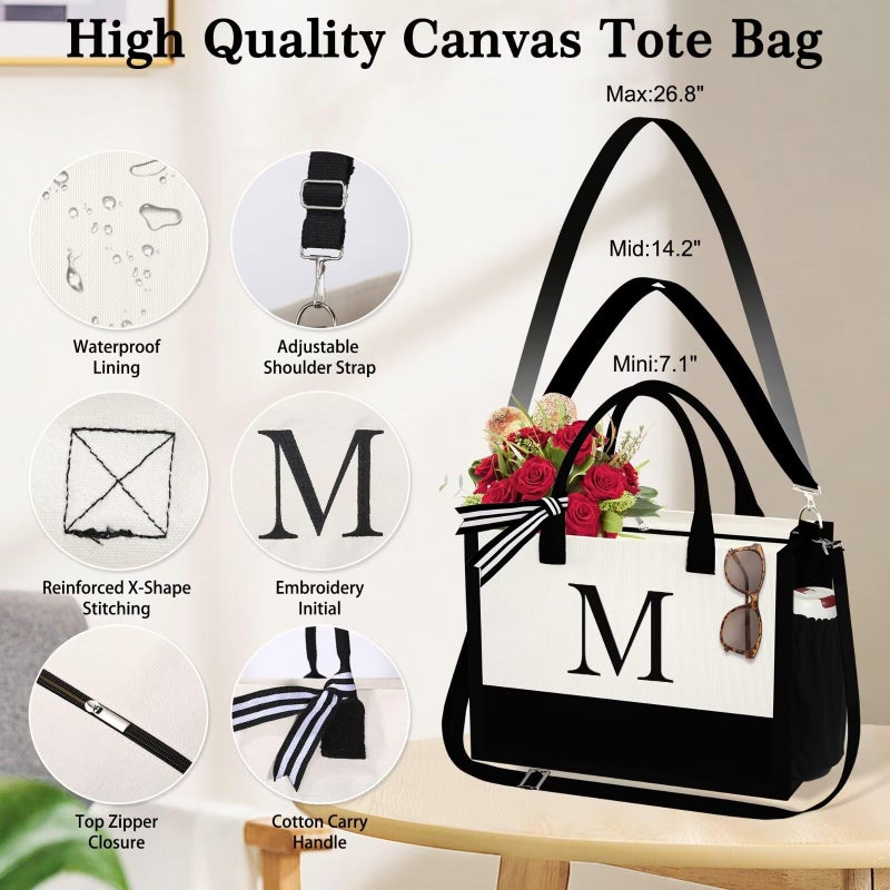 YOOLIFE Birthday Gifts for Women Mom Daughter Sister Friends Her Teacher, Personalized Initial Tote Bag, Womens Monogrammed Canvas Tote Bag with Zipper, Letter A - Image 5