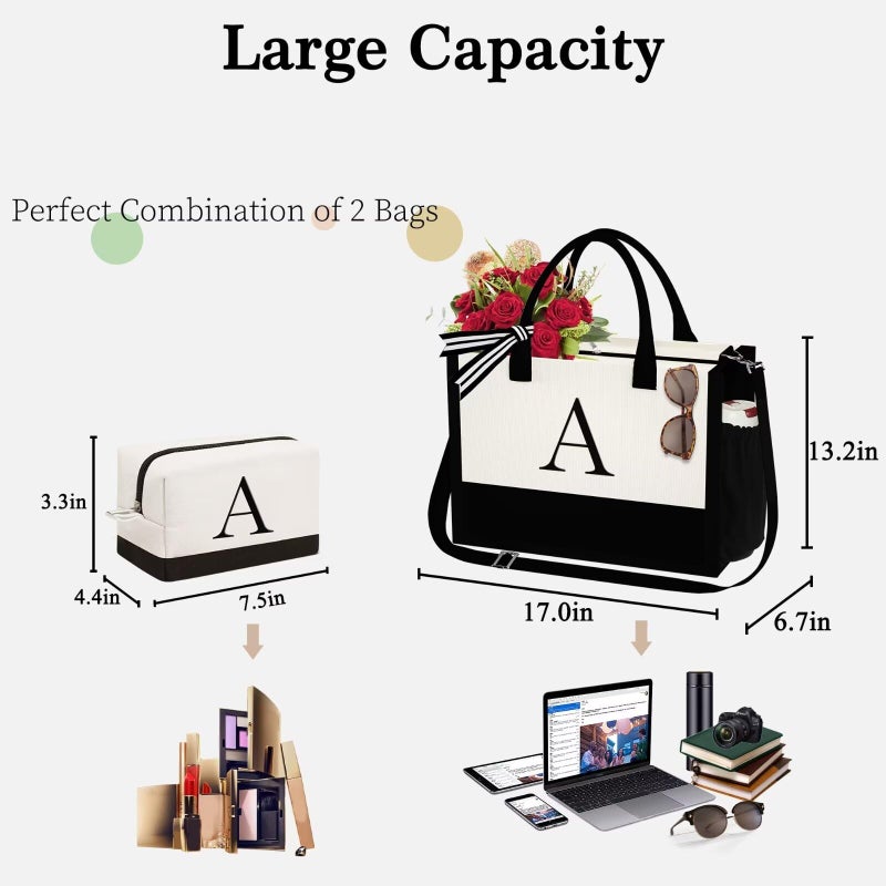 YOOLIFE Birthday Gifts for Women Mom Daughter Sister Friends Her Teacher, Personalized Initial Tote Bag, Womens Monogrammed Canvas Tote Bag with Zipper, Letter A - Image 3