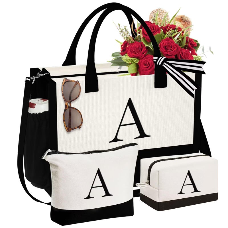 YOOLIFE Birthday Gifts for Women Mom Daughter Sister Friends Her Teacher, Personalized Initial Tote Bag, Womens Monogrammed Canvas Tote Bag with Zipper, Letter A - Image 1