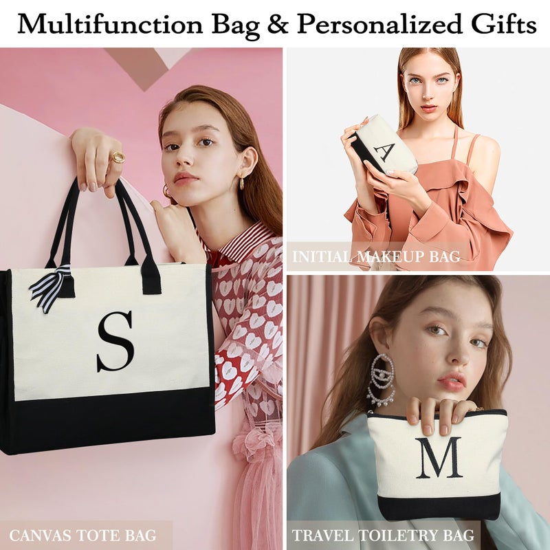 YOOLIFE Birthday Gifts for Women Mom Daughter Sister Friends Her Teacher, Personalized Initial Tote Bag, Womens Monogrammed Canvas Tote Bag with Zipper, Letter A - Image 2
