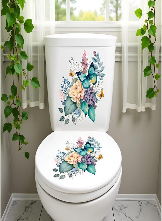 Mozff Toilet Stickers, Peony Butterflies Bathroom Toilet Seat Lid Cover Decals Waterproof Self-Adhesive Wall Sticker Toilet Lid Decals for Bathroom Accessories - Image 3