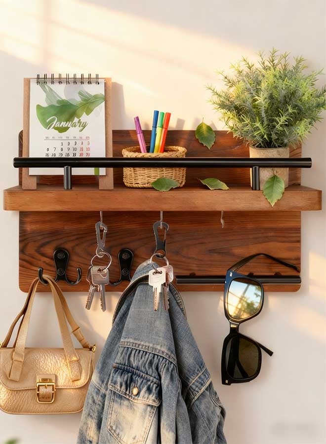 رَوَائِد رفوف حائط خشبية عائمة مع خطافات – رف جداري للتخزين والديكور، مناسب للمداخل، الحمام، غرفة النوم وغرفة المعيشة - Image 2