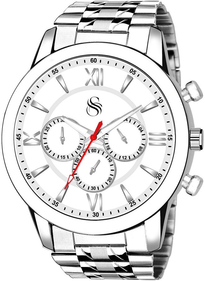 Shocknshop Shocknshop Analog Silver Stainless Steel Chain Wrist Watch for Men Boys (White Dial Silver Strap) -WCH69  - Image 1