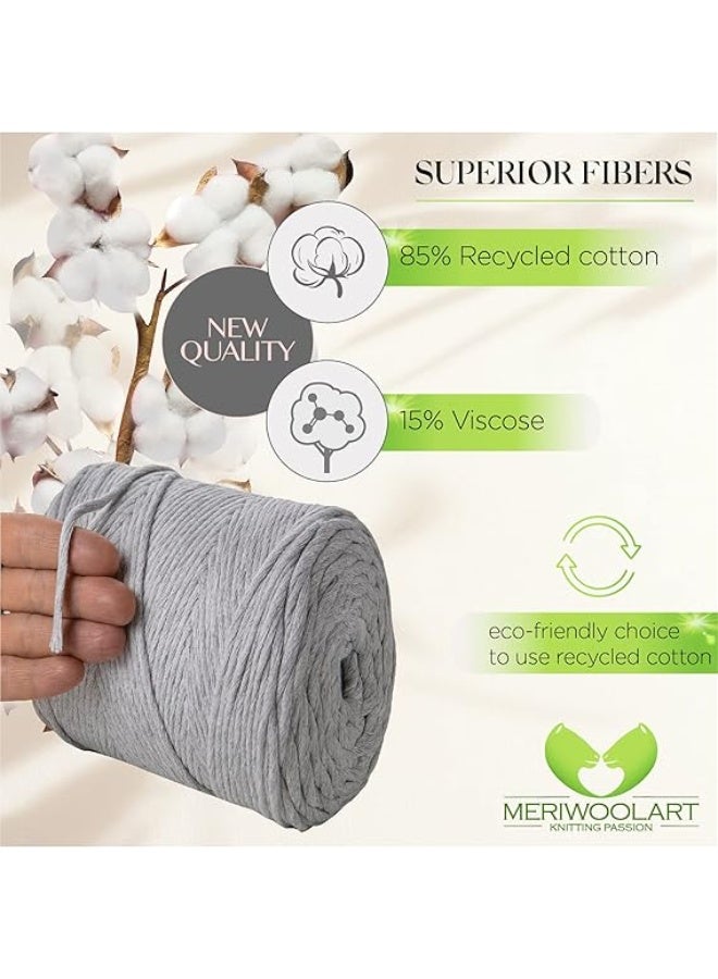 MeriWoolArt Cotton Macrame Yarn, 4mm, Grey, 225m, Super Soft, Simple Twist, Perfect for Wall Hanging, Hanging Basket, Curtain and More DIY Decoration - Image 4