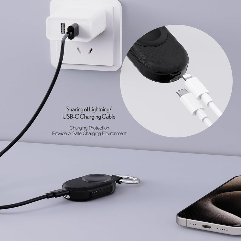 Pzoz Apple Watch Charger Portable, 1200mAh Wireless Power Bank Compatible with All Apple Watch Series, Mini Travel Charger with USB-C & Lightning Input, Keychain Battery Pack, Black - Image 5