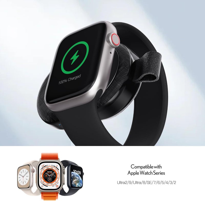 Pzoz Apple Watch Charger Portable, 1200mAh Wireless Power Bank Compatible with All Apple Watch Series, Mini Travel Charger with USB-C & Lightning Input, Keychain Battery Pack, Black - Image 3