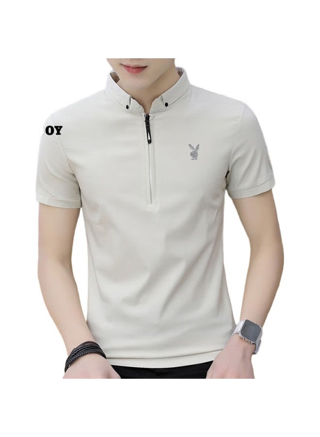 PLAYBOY Men'S Short Sleeve T-Shirt Summer Ice Silk Men'S Stand Collar Casual Polo Undershirt Solid Color Clothing - Image 2