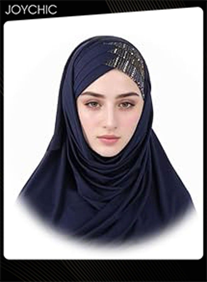 Joychic Muslim Hijab Instant Hijab for Women Glitter Sequin Forehead Cross Turban Islamic Head Scarves Shawl Wrap Long Fashion Chiffon Scarf Premium Head Cover for Women and Girls Navy  - Image 2