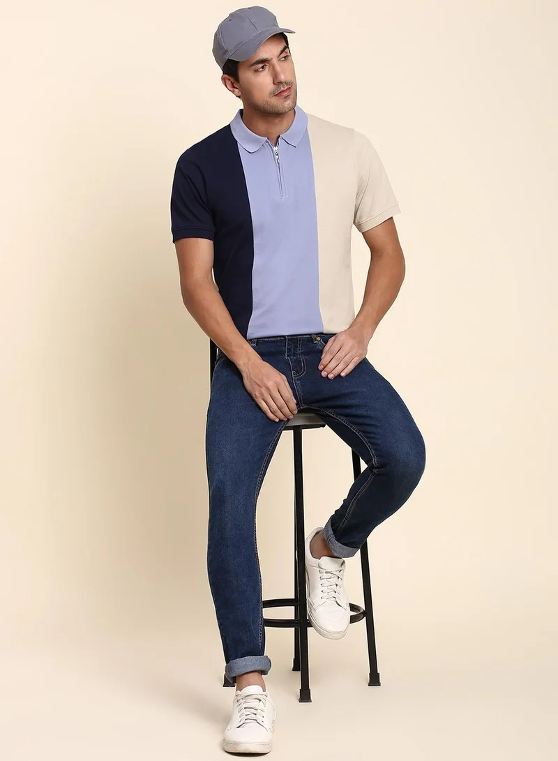 Dennis Lingo Men's Navy 100% Cotton Colourblocked Regular Fit T-Shirt