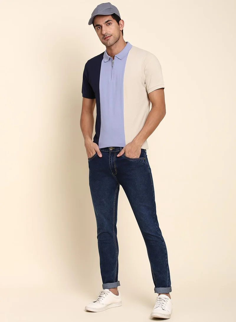 Dennis Lingo Men's Navy 100% Cotton Colourblocked Regular Fit T-Shirt
