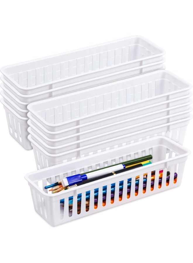 Bukela 12 Pack Plastic Storage Baskets Tray for Organizing, Small Narrow Storage Bins, Stackable Drawer Pencil Trays Holder for Desk Garage Cabinet Containers(White, 26*8*6 cm) - Image 1