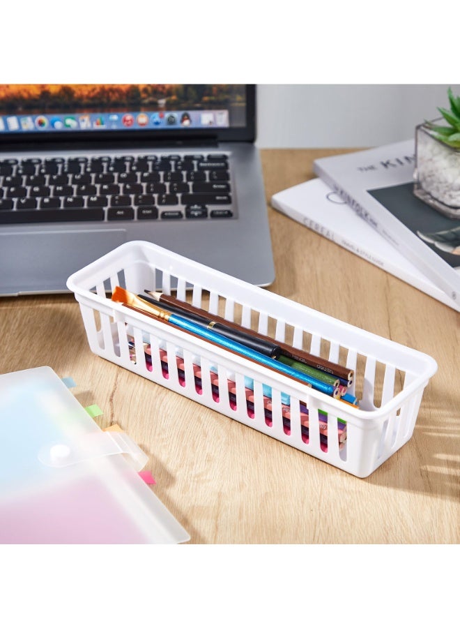 Bukela 12 Pack Plastic Storage Baskets Tray for Organizing, Small Narrow Storage Bins, Stackable Drawer Pencil Trays Holder for Desk Garage Cabinet Containers(White, 26*8*6 cm) - Image 5